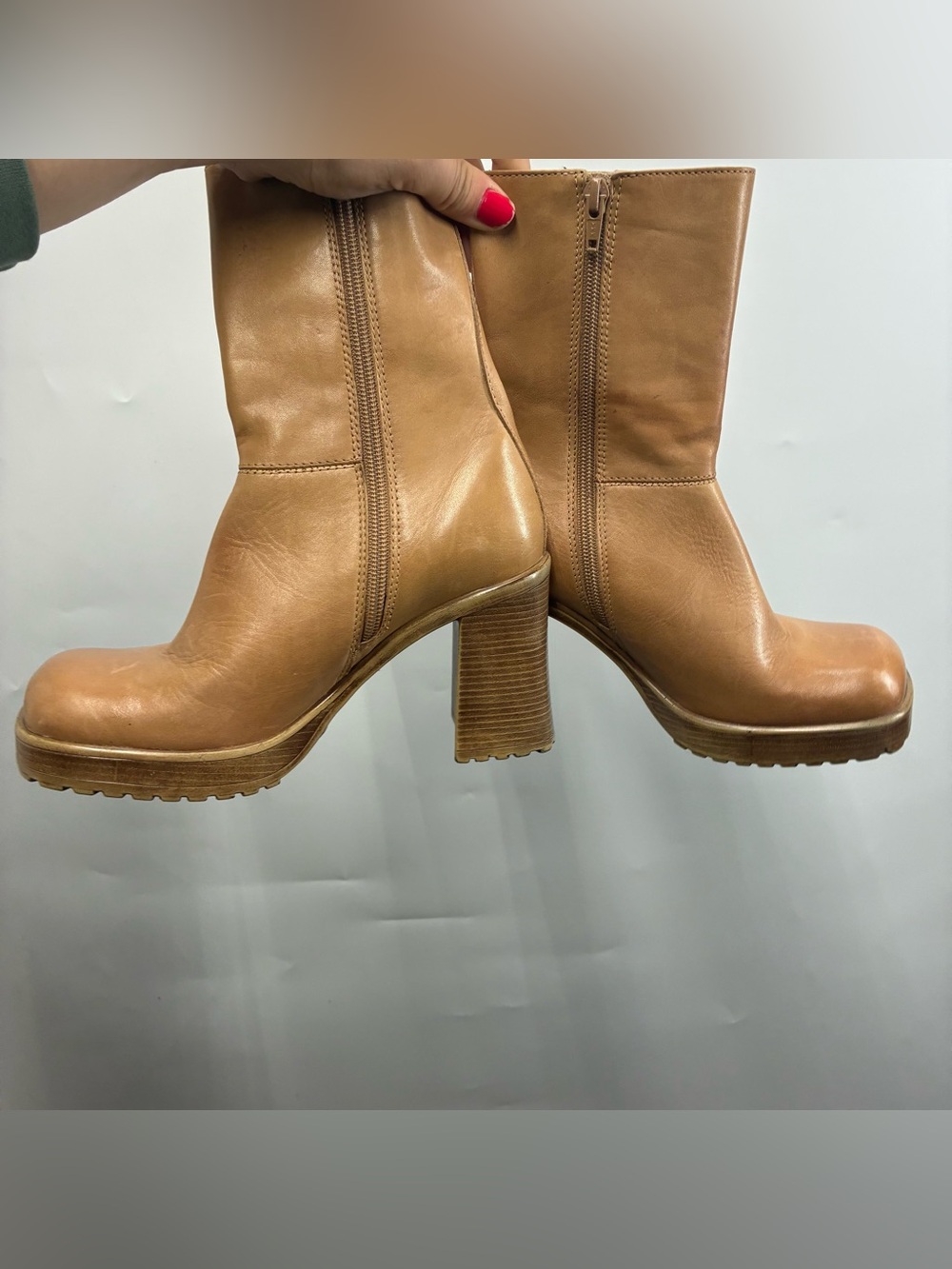 Vintage 90s Steve Madden 6.5 6 1/2 LIZIE Leather Chunky Heel Platform Boots Tan - Picture 6 of 12